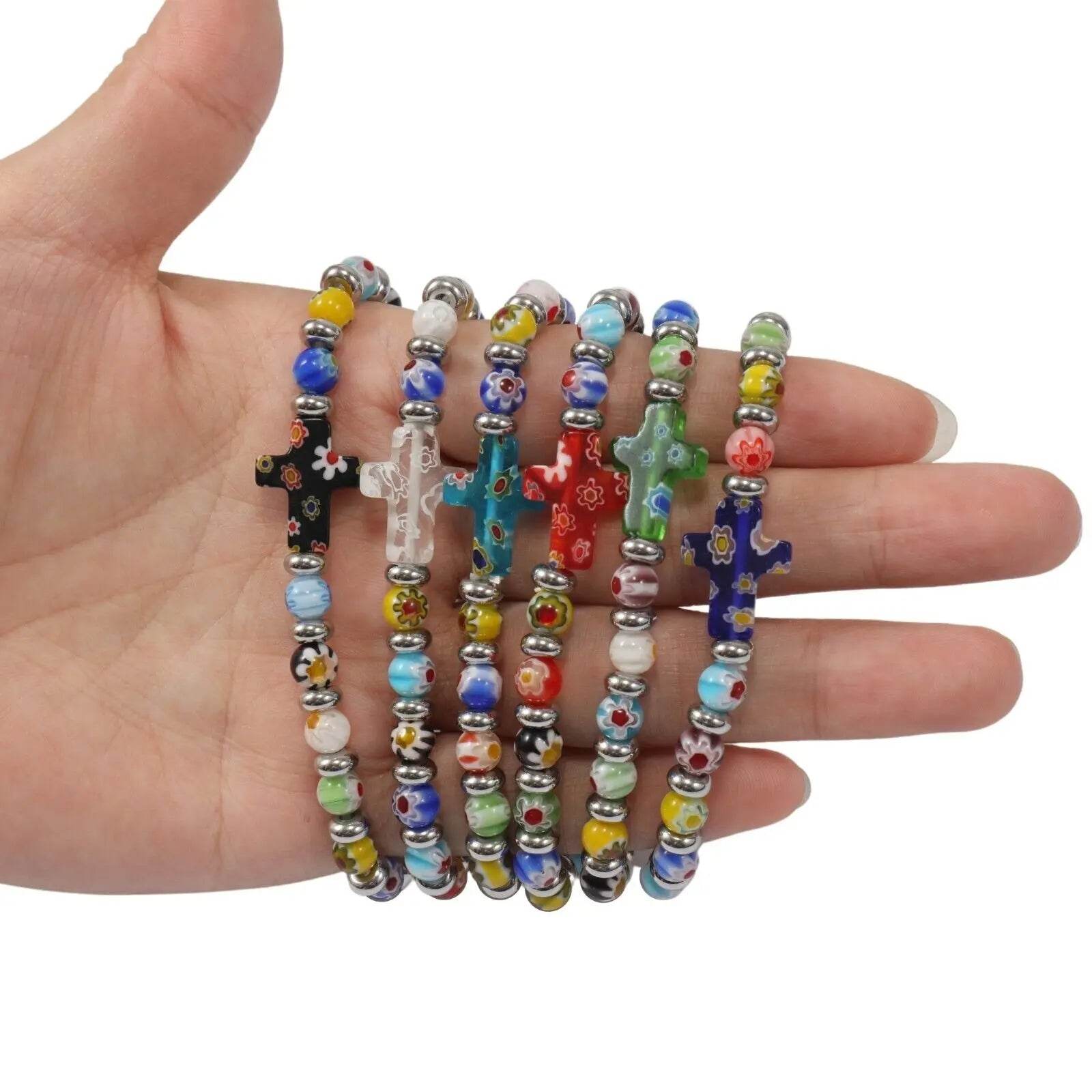 Agate Flowers Rosary Beads Cross Bracelet Bangle Handmade Christian Bracelet - Nazareth Store