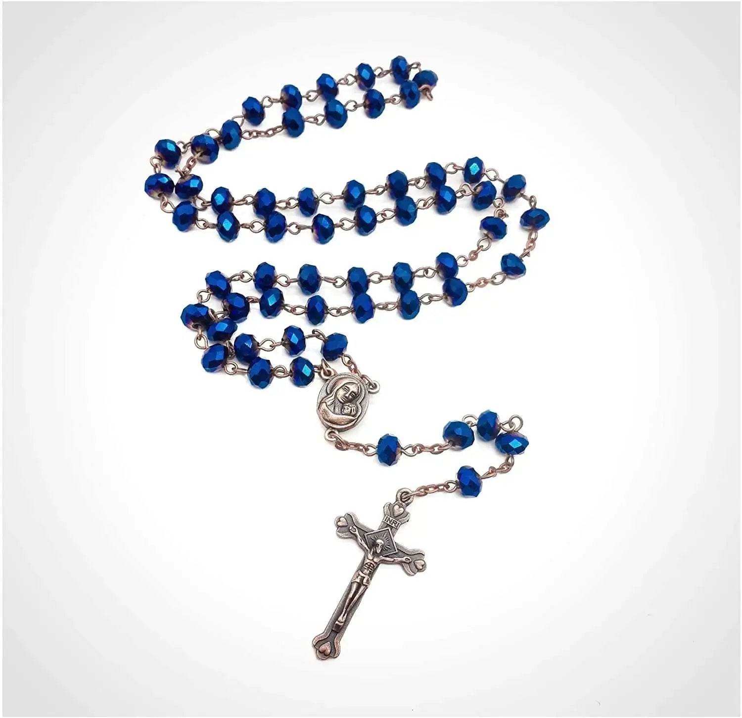 Antique Design Blue Crystal Beads Rosary Prayer Necklace Holy Soil Medal & Jesus Cross Crucifix - Nazareth Store