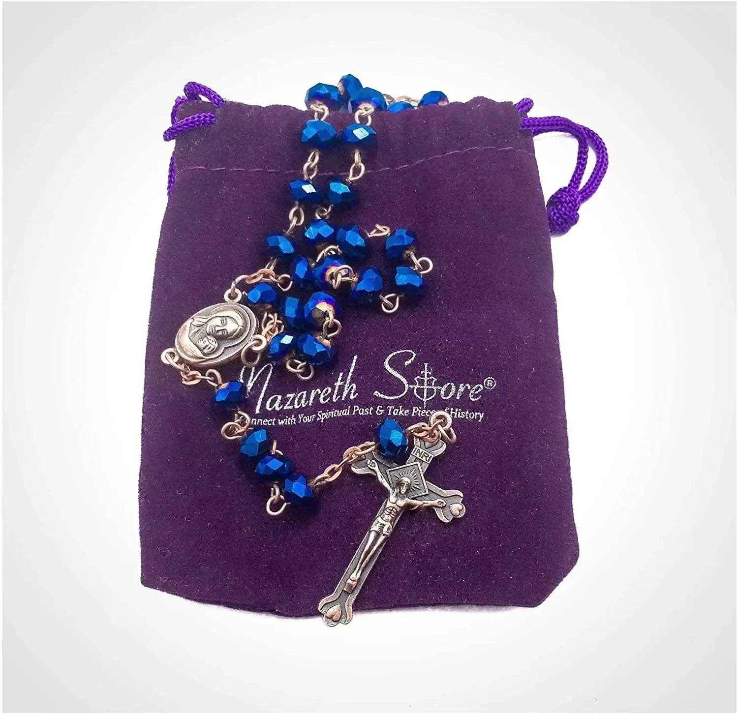 Antique Design Blue Crystal Beads Rosary Prayer Necklace Holy Soil Medal & Jesus Cross Crucifix