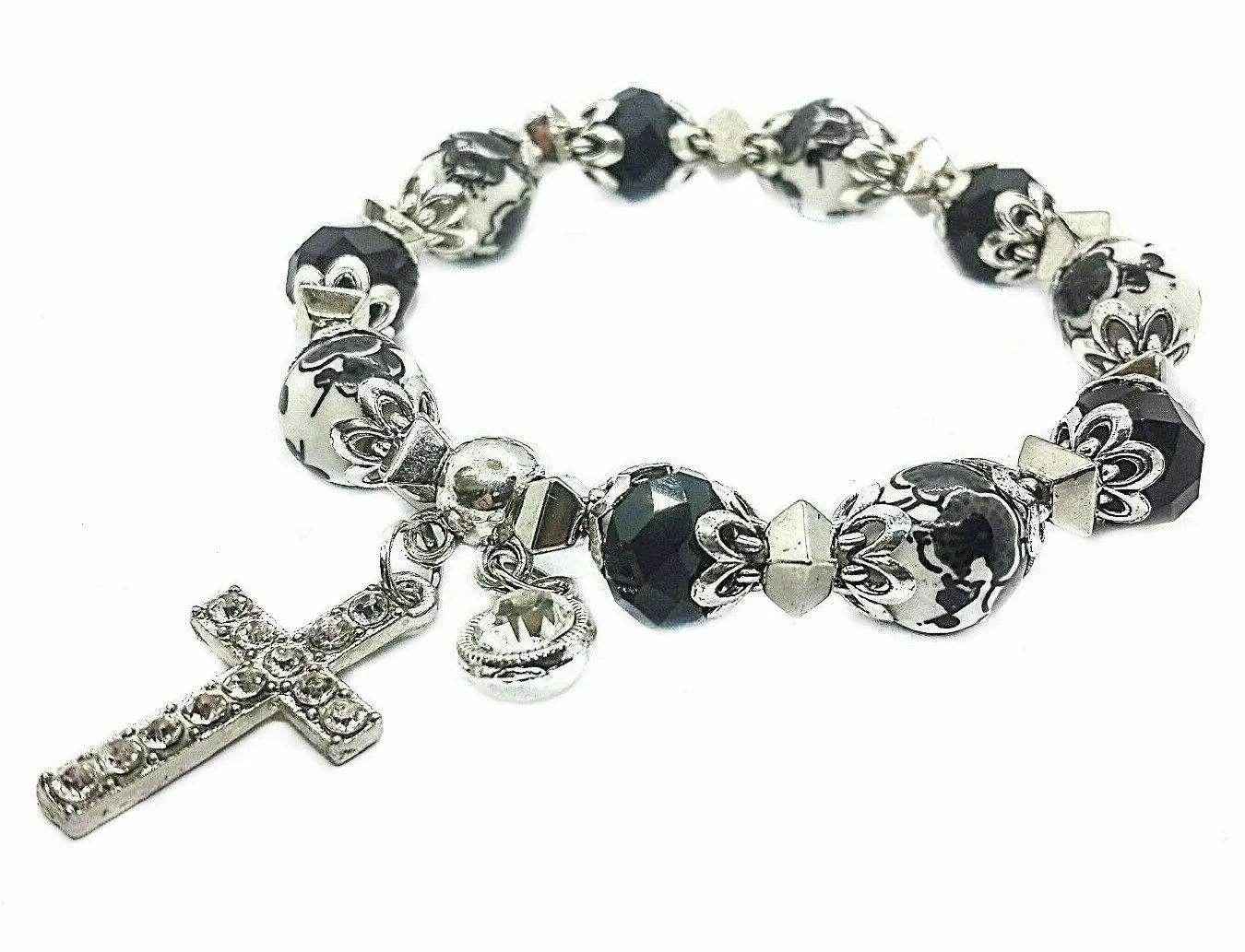 Black Rosary Beads Bracelet Christian Classic Beaded Bangle with Cross - Nazareth Store