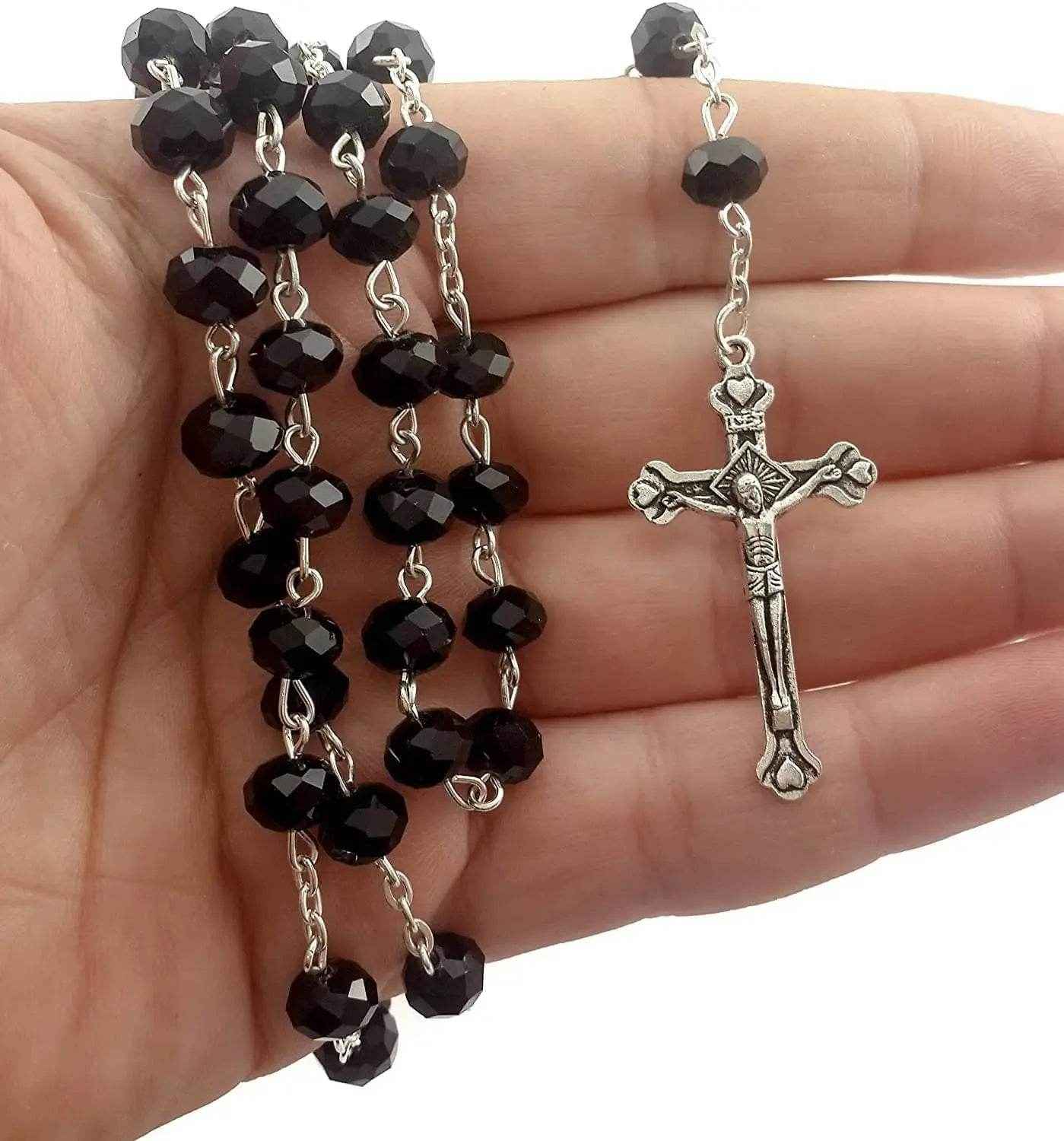 Black Crystal Beads Rosary Necklace Holy Soil Medal & Crucifix - Nazareth Store