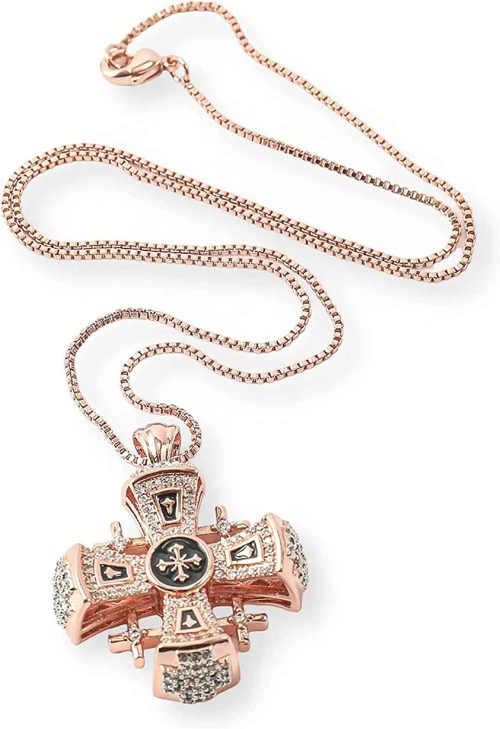Jerusalem Cross Pendant 1.3" in Rose Gold Plating & Black Enamel with Clear CZ Zircons