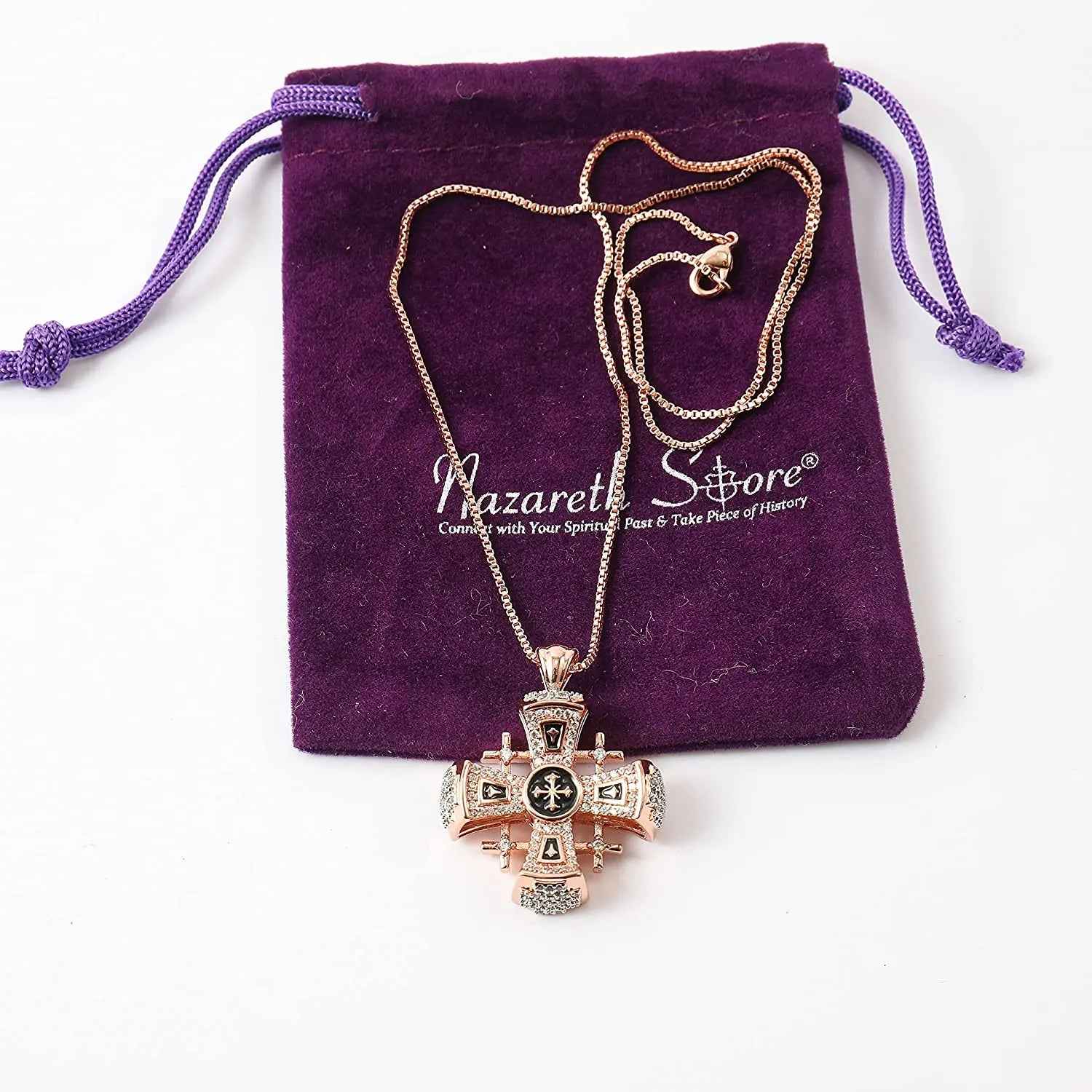 Jerusalem Cross Pendant 1.3" in Rose Gold Plating & Black Enamel with Clear CZ Zircons