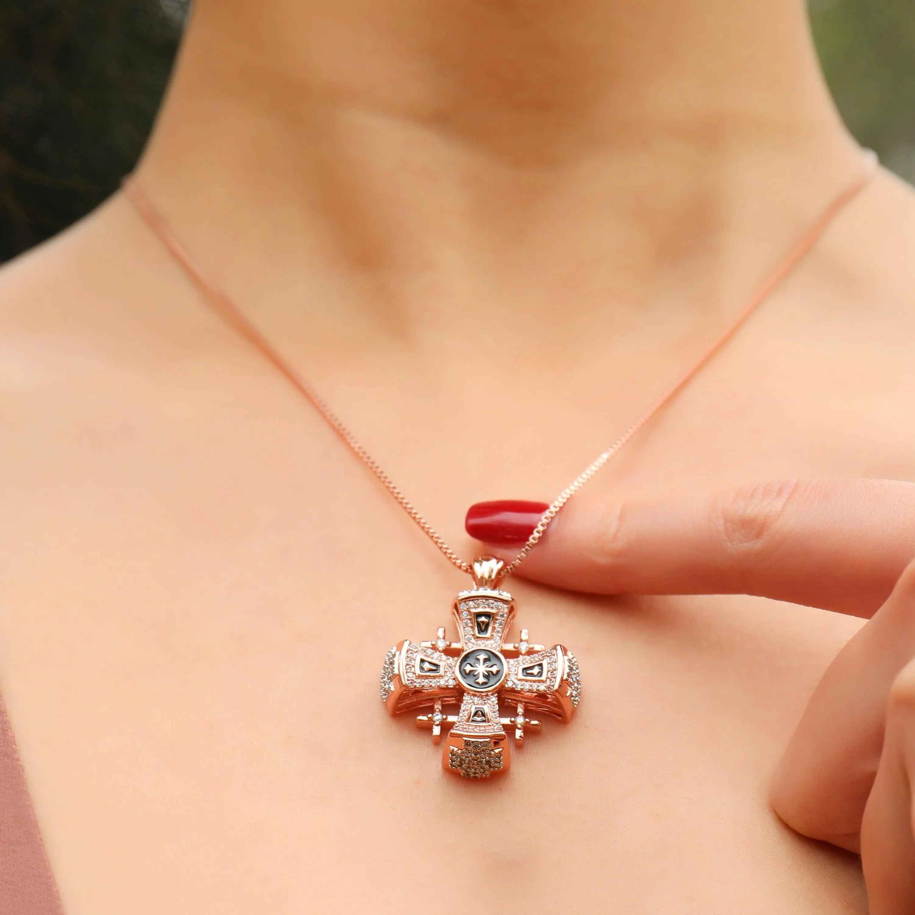 Jerusalem Cross Pendant 1.3" in Rose Gold Plating & Black Enamel with Clear CZ Zircons