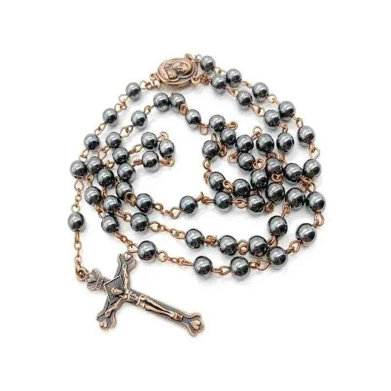 Black Hematite Rosary Stone Beads Handmade Chaplet Holy Soil Medal & Cross - Nazareth Store