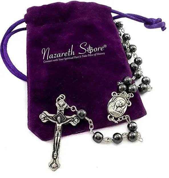 Black Hematite Rosary Necklace Natural Stone Beads Chaplet Velvet Bag