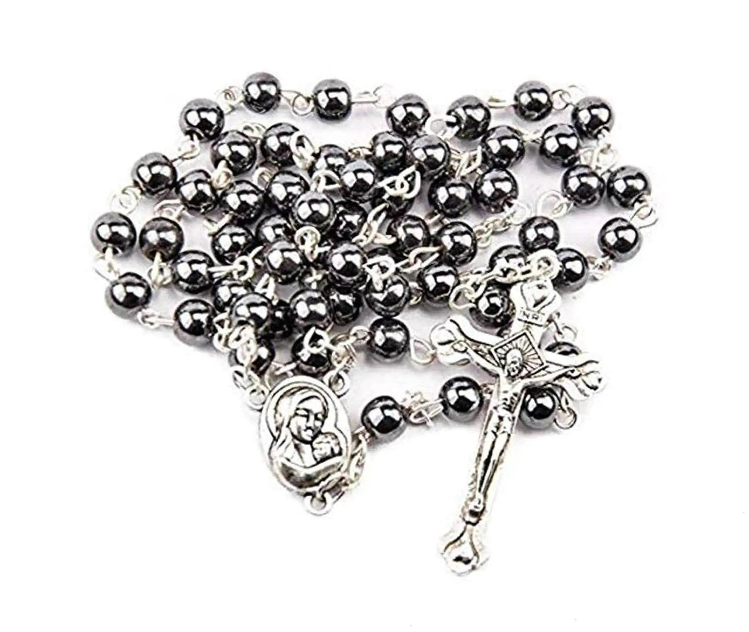 Black Hematite Rosary Necklace Natural Stone Beads Chaplet Velvet Bag - Nazareth Store