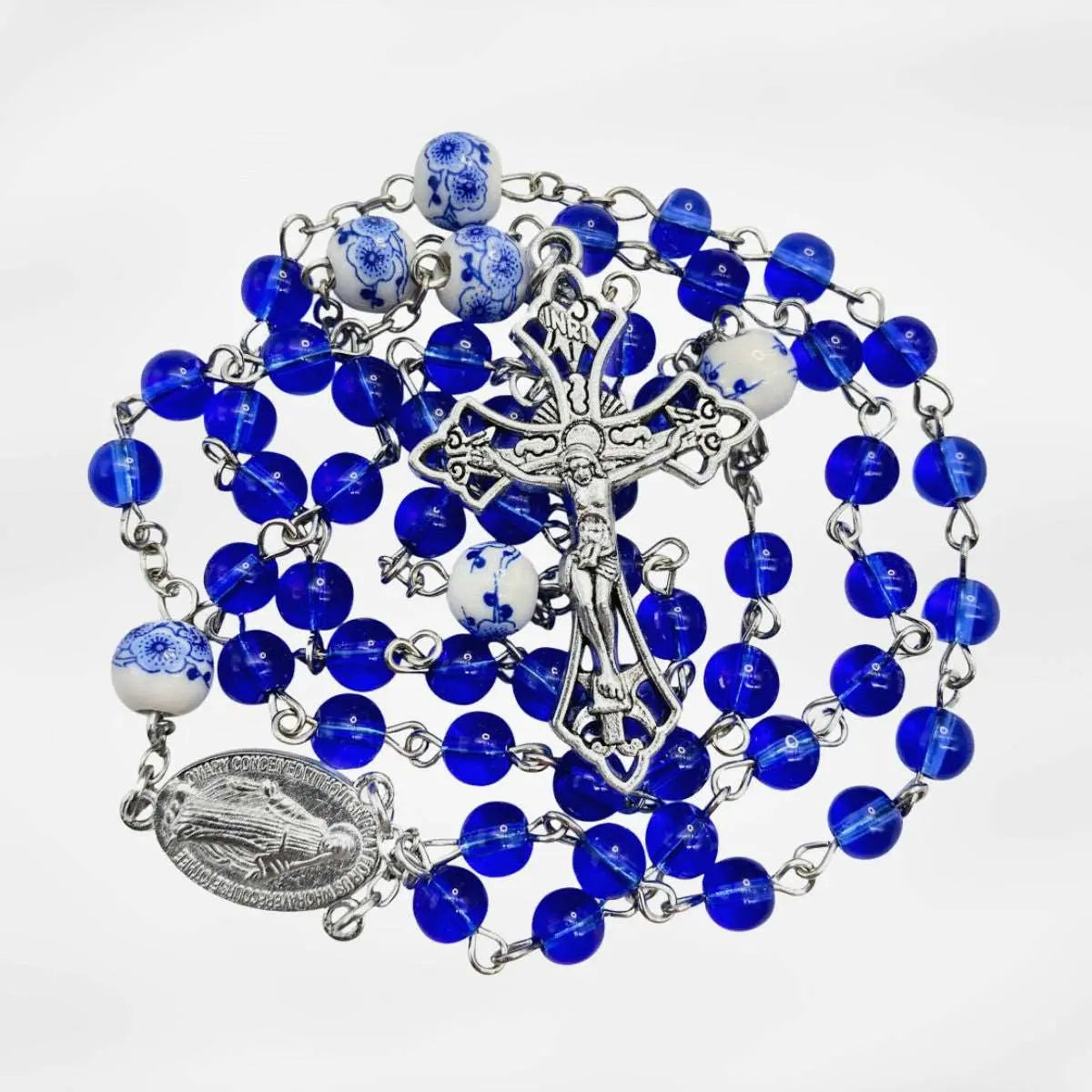 White Rhinestone Rosary Crucifix / Large BLUE Crucifix Pendant / 2