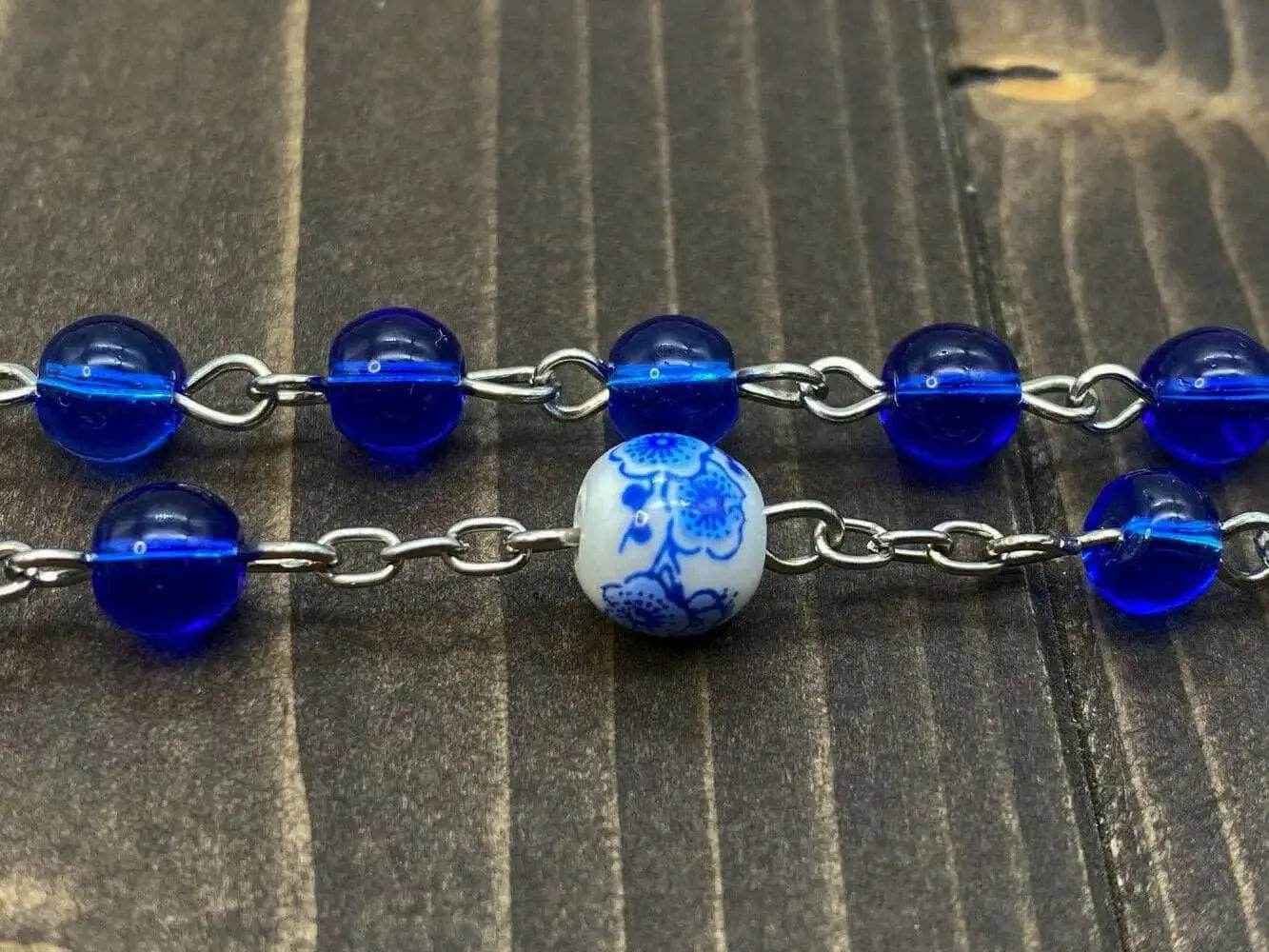 Blue Glass Rosary White Flowers Beads Catholic Miraculous Medal & Cross