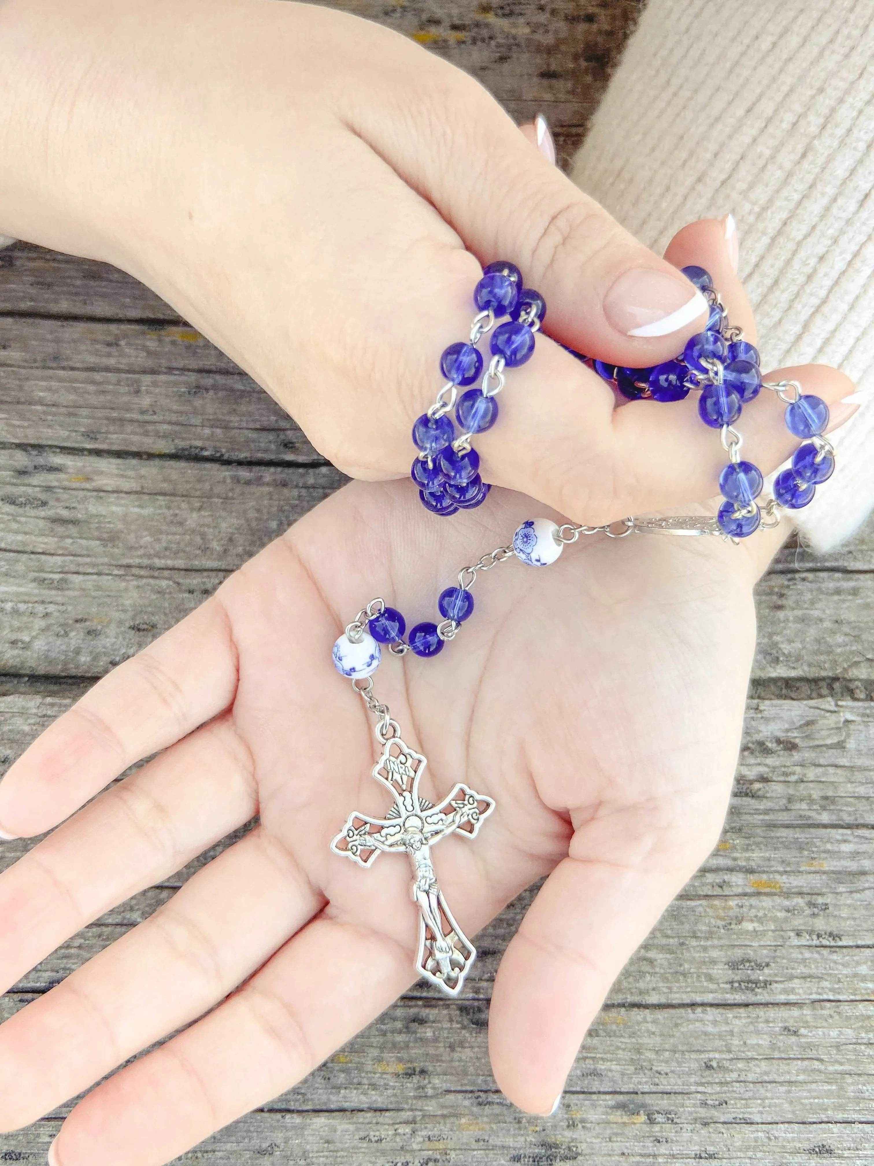 Blue Glass Rosary White Flowers Beads Catholic Miraculous Medal & Cross