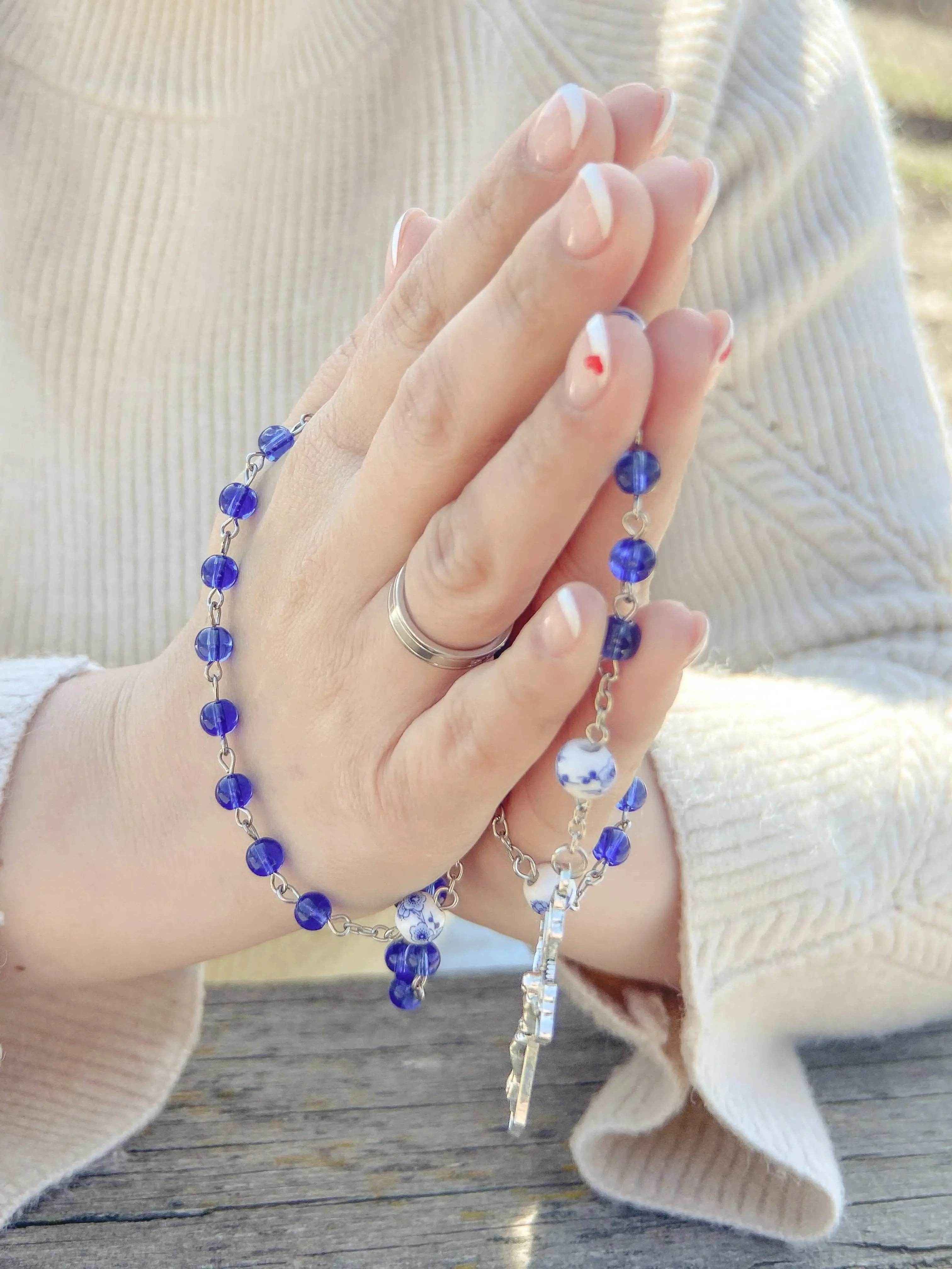 Blue Glass Rosary White Flowers Beads Catholic Miraculous Medal & Cross