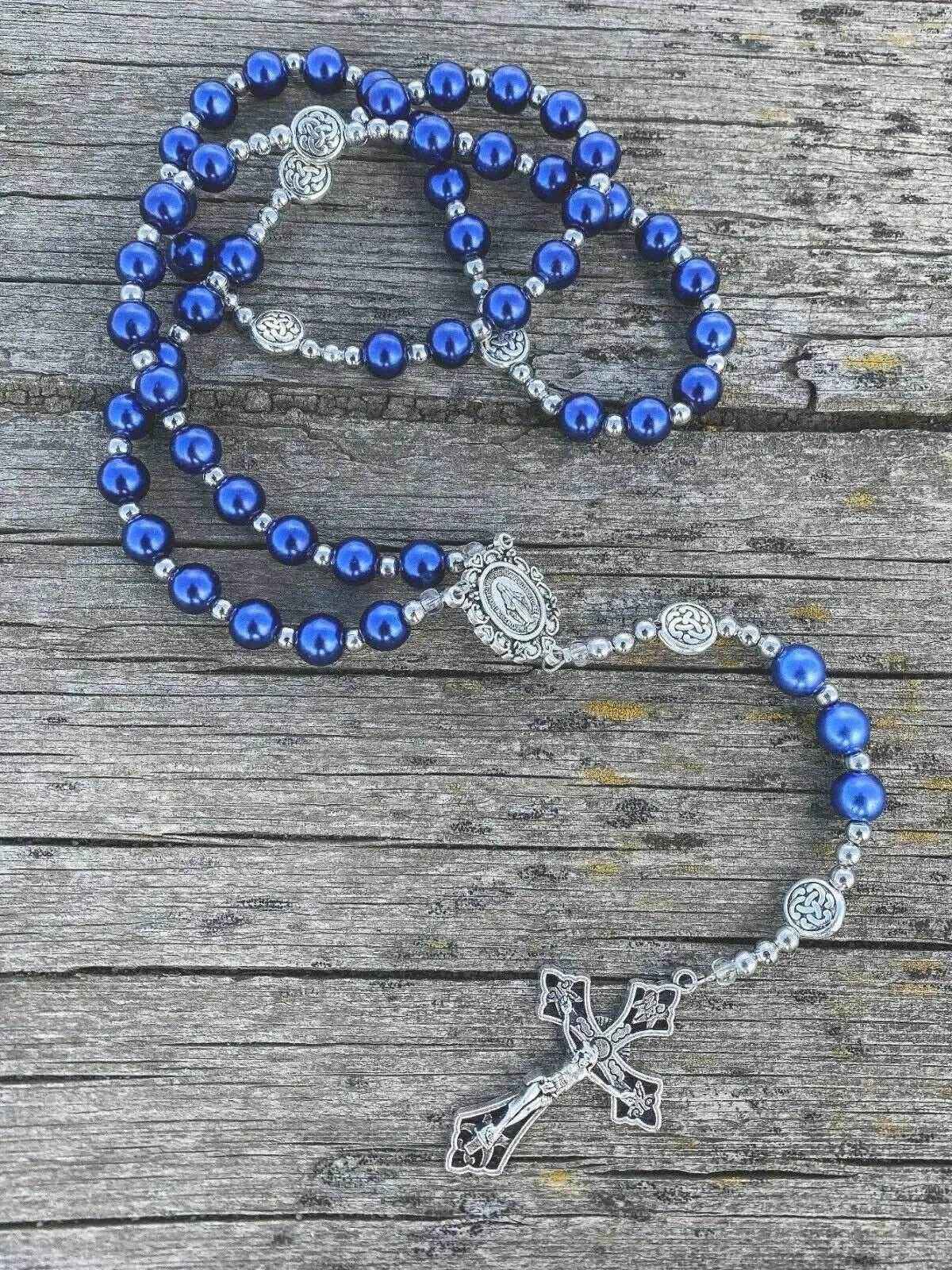 Blue Pearl Beads Wired Rosary Necklace Miraculous Medal & Cross Crucifix