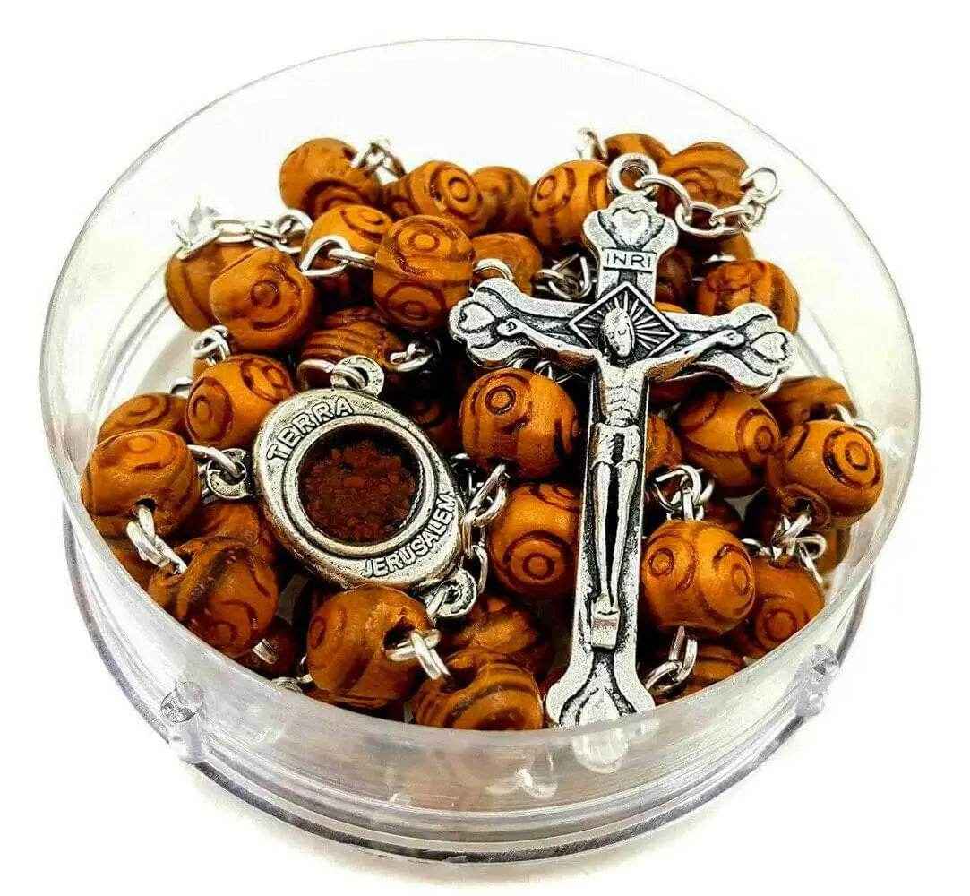Carved Olive Wood Beads Rosary Necklace Holy Soil Medal - Nazareth Store