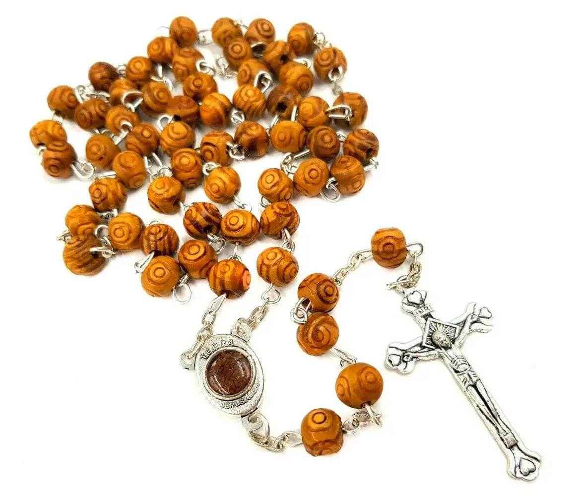 Carved Olive Wood Beads Rosary Necklace Holy Soil Medal - Nazareth Store