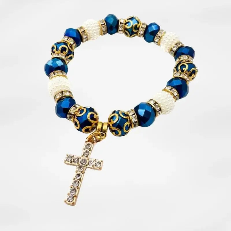 Catholic Cross Rosary Bracelet Deep Blue Crystal Beads