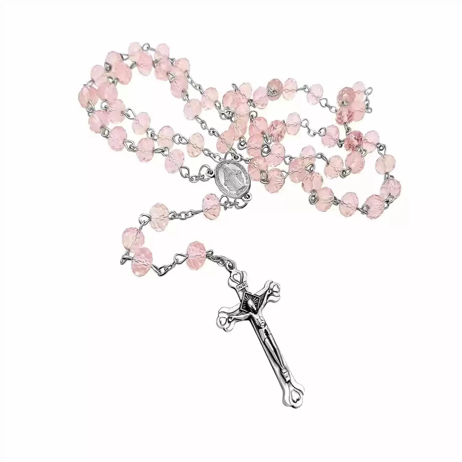 Catholic Pink Crystal Beads Rosary Necklace Miraculous Medal - Nazareth Store