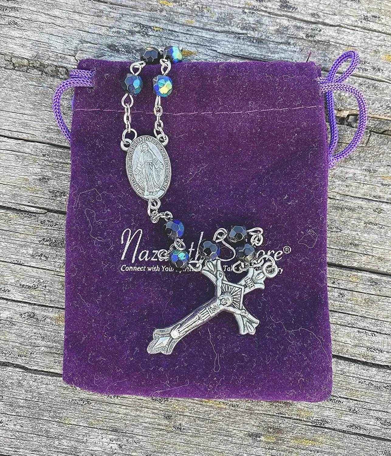 Black Blue Crystal Rosary Necklace Catholic Beads Miraculous Medal