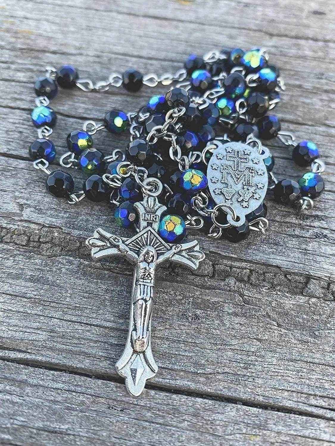 Black Blue Crystal Rosary Necklace Catholic Beads Miraculous Medal