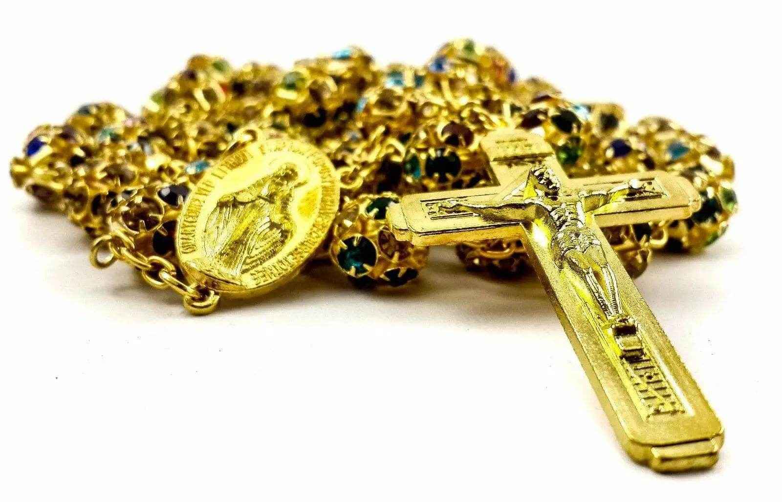 Colorful Crystal Golden Beads Rosary Miraculous Medal & Cross