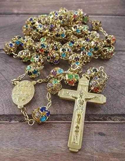 Colorful Crystal Golden Beads Rosary Miraculous Medal & Cross
