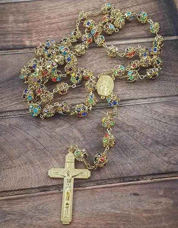 Colorful Crystal Golden Beads Rosary Miraculous Medal & Cross