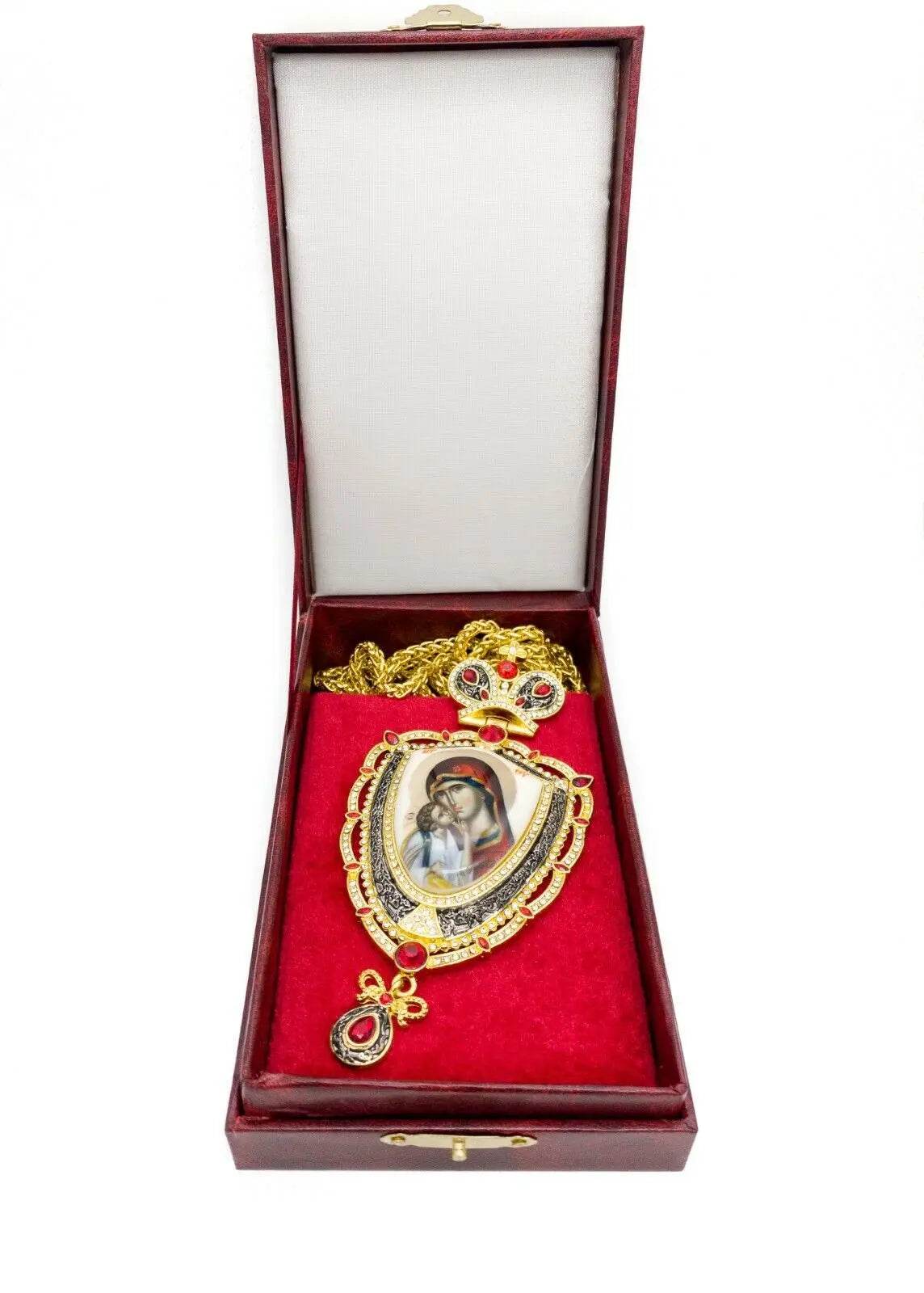 Red Crystals Pectoral Cross Pendant with Holy Mary & Baby Jesus - Nazareth Store