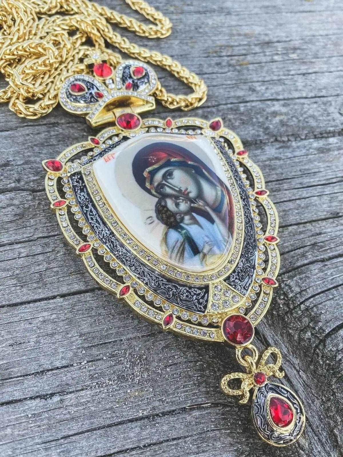 Red Crystals Pectoral Cross Pendant with Holy Mary & Baby Jesus - Nazareth Store