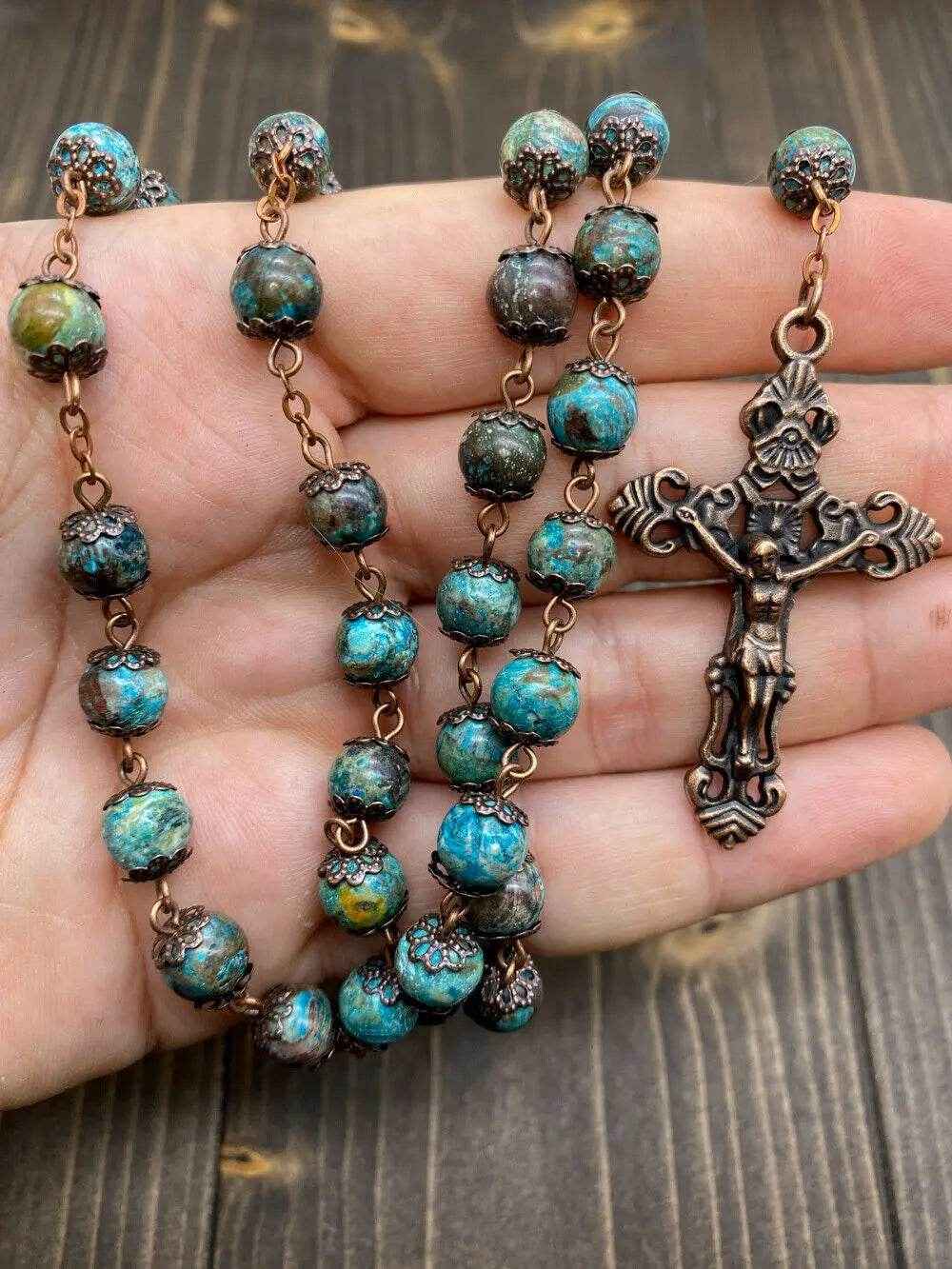 Natural Jasper Stone Beads Rosary Necklace Holy Soil Medal & Cross Crucifix