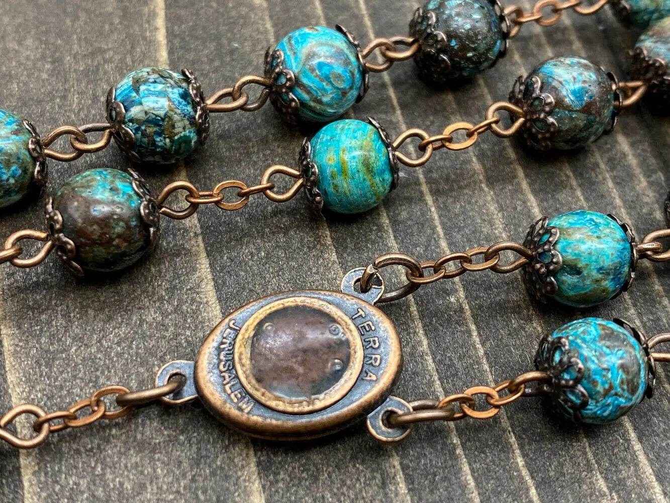 Natural Jasper Stone Beads Rosary Necklace Holy Soil Medal & Cross Crucifix