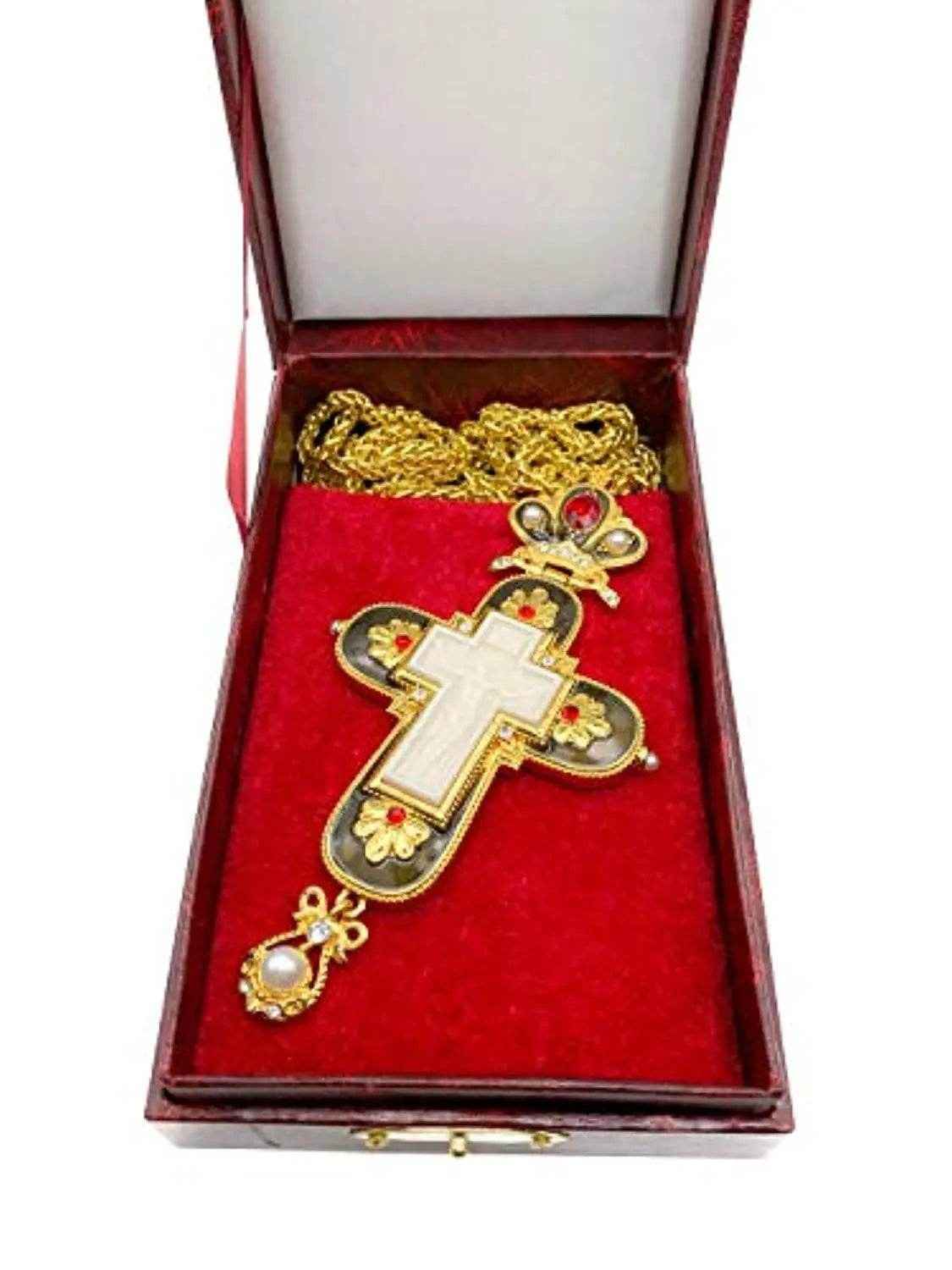 Pectoral Cross Necklace Black Enamel Crystallized Red Stones Christian Priest Bishop - Nazareth Store