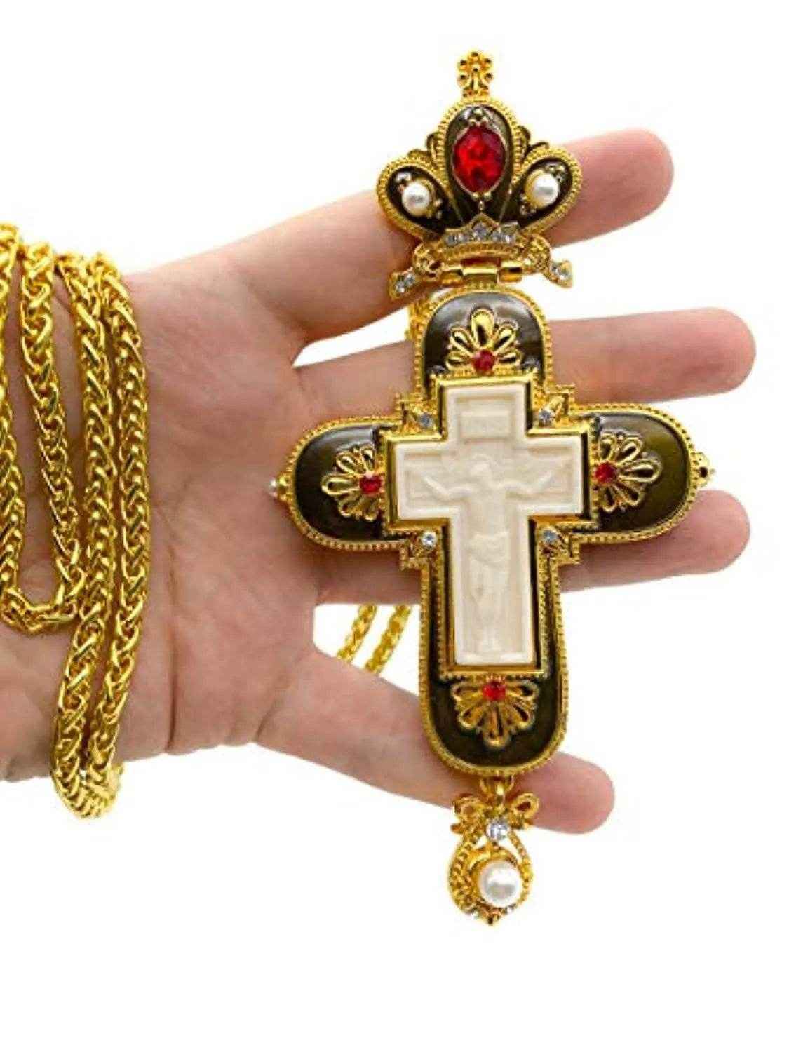 Pectoral Cross Necklace Black Enamel Crystallized Red Stones Christian Priest Bishop - Nazareth Store