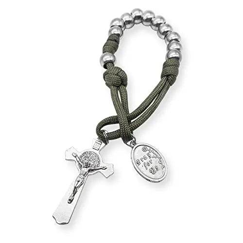 Silver Beads Paracord Pocket Car Rosary St. Joseph Medal & St. Benedict Cross - Nazareth Store