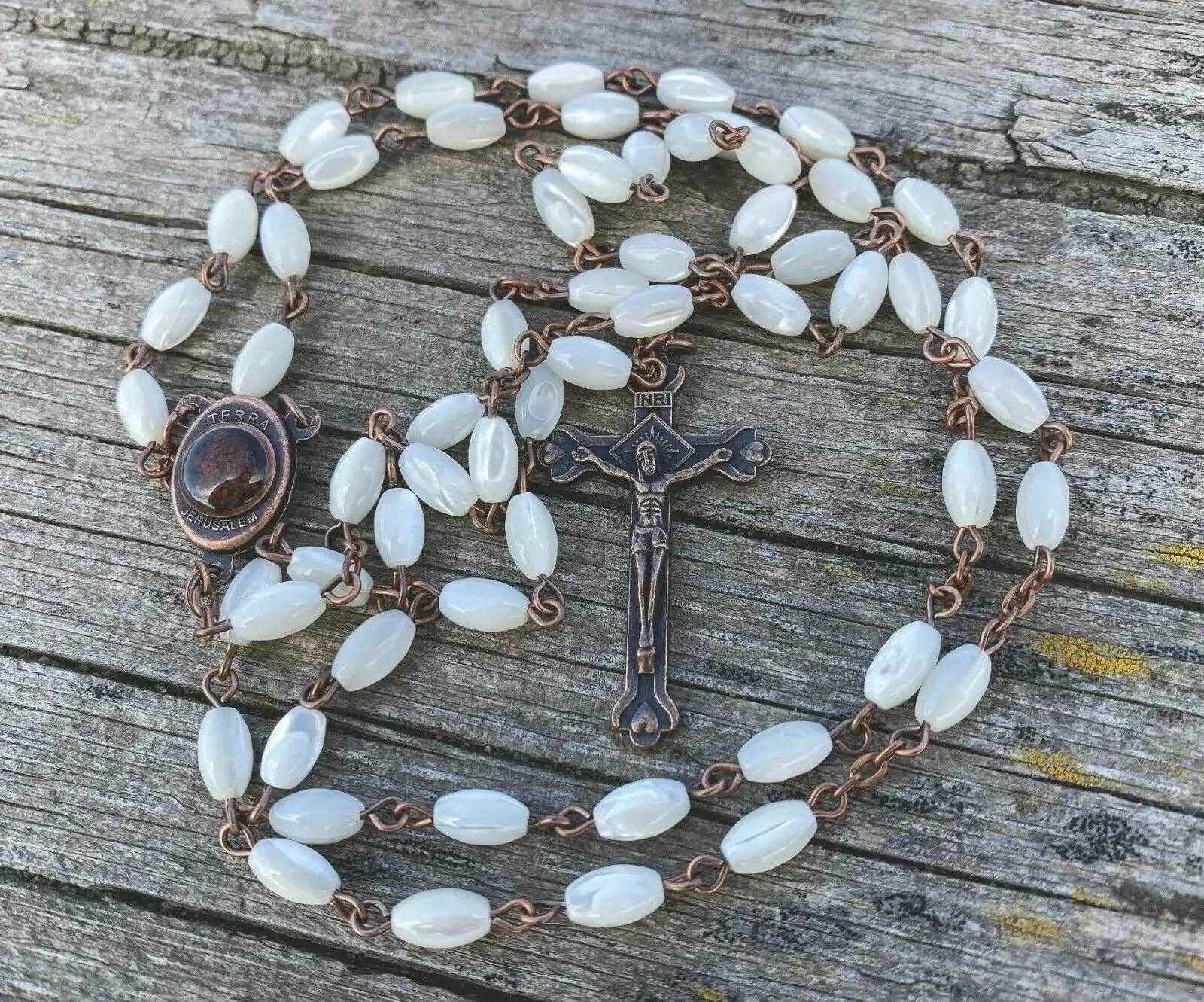 White Shell Beads Pearl Rosary Necklace Vintage Design Chaplet - Nazareth Store