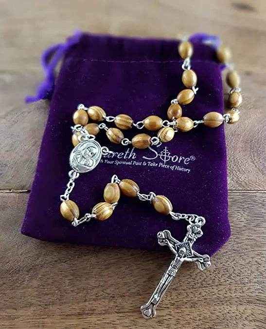Olive Wood Beads Rosary Necklace with Holy Soil Medal & Jesus Cross - Nazareth Store