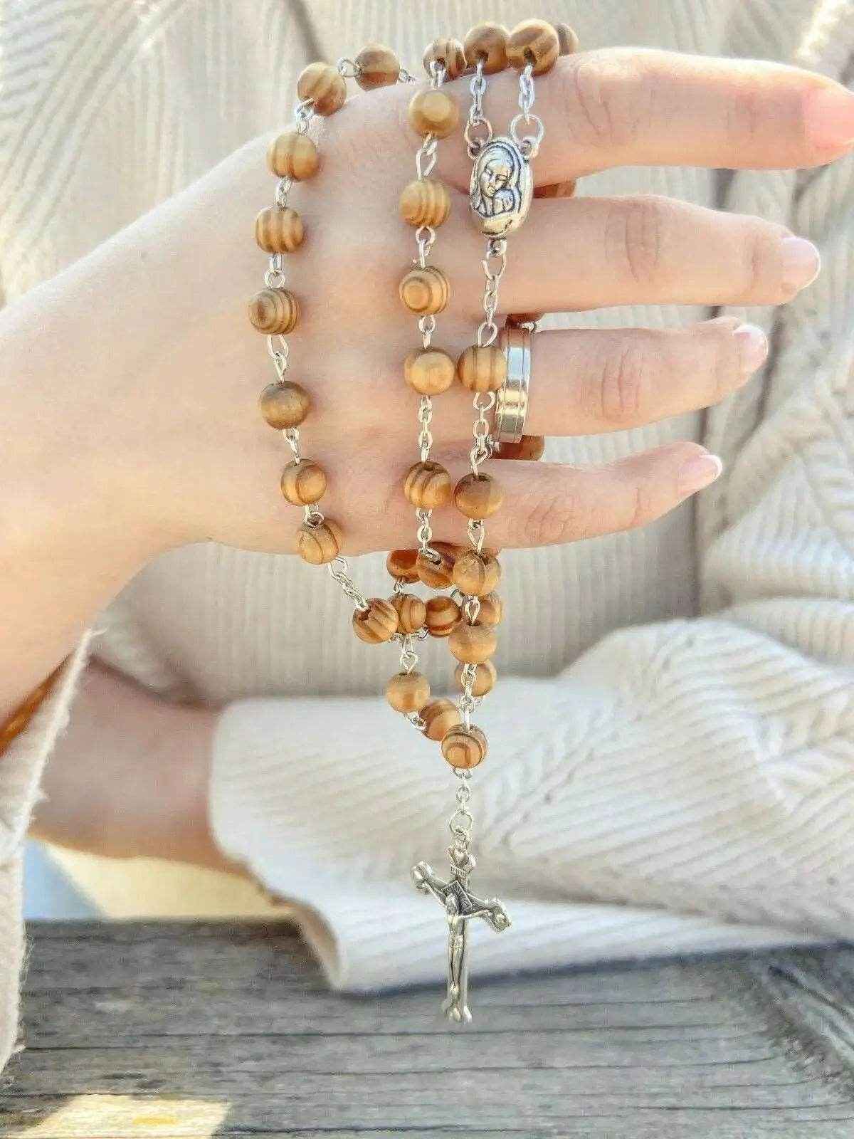 Olive Wood Beads Rosary Necklace with Holy Soil Medal & Jesus Cross - Nazareth Store