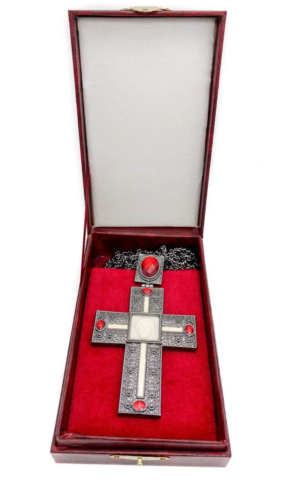 Antique Silver Pectoral Cross Pendant with Red Crystallized Glass Priest & Bishop Crucifix Necklace - Nazareth Store