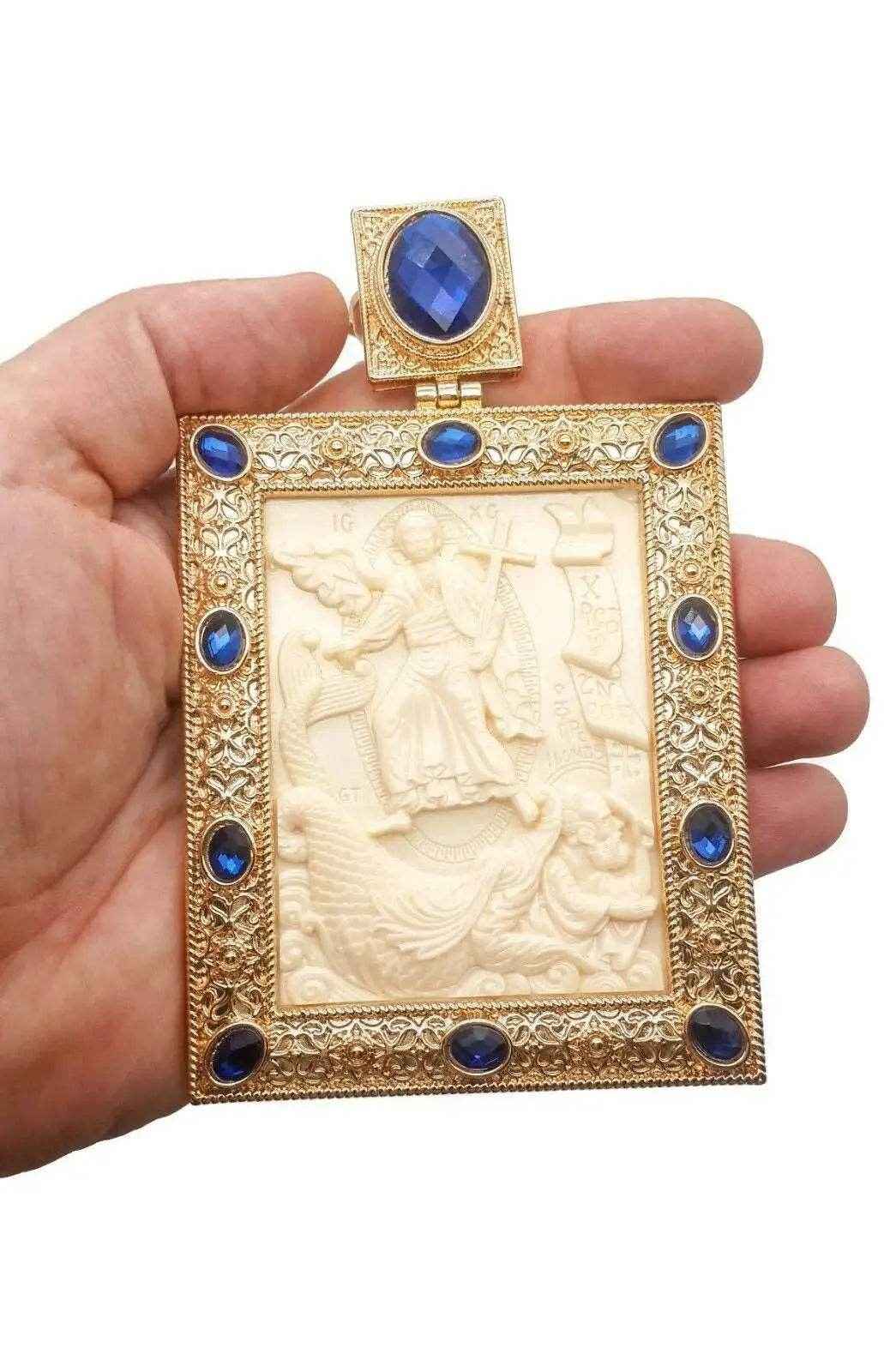 Blue Crystals Pectoral Cross Pendant Biblical Scene Christian Priest Bishop