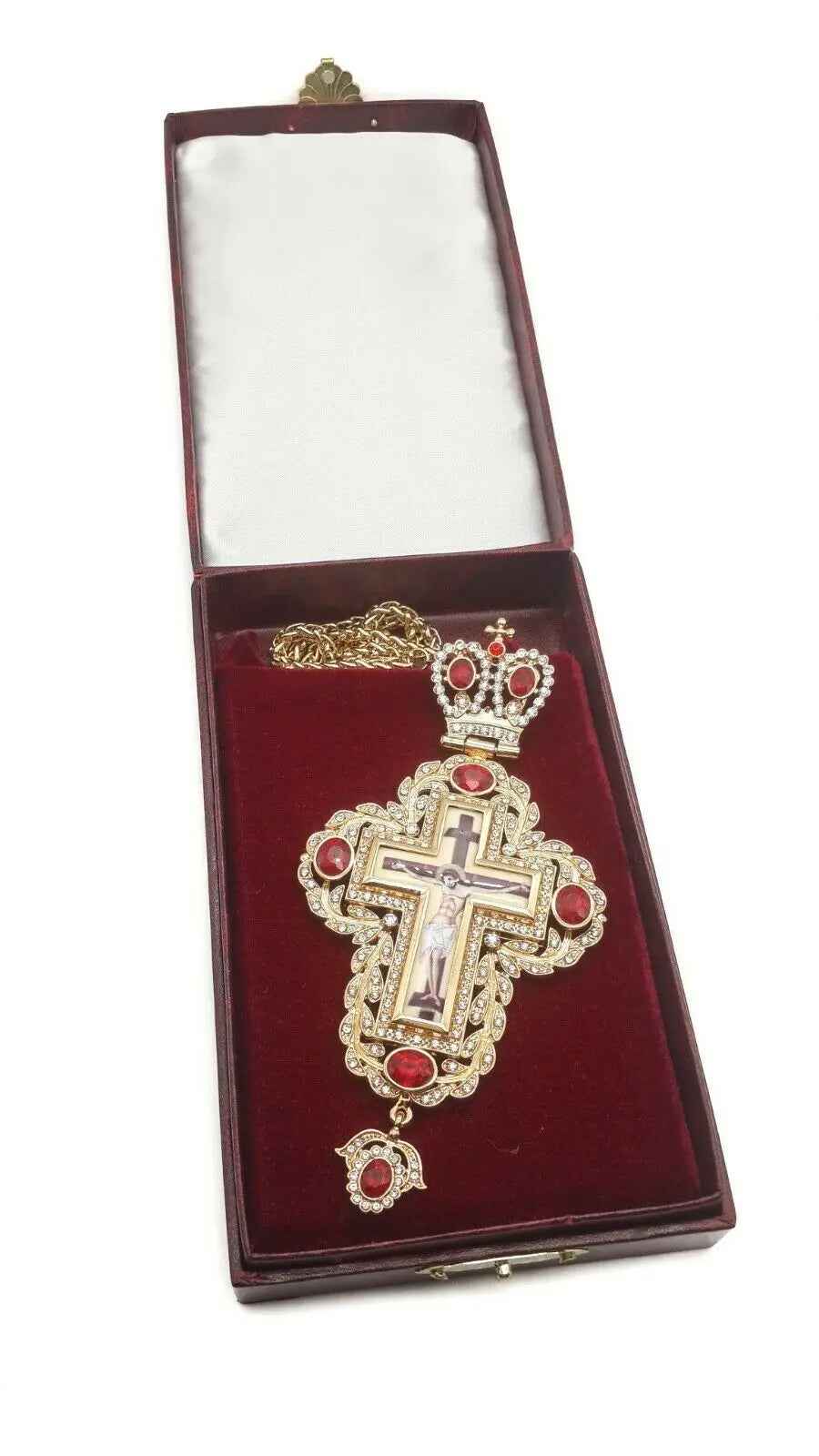 Pectoral Cross Red Zircons Crystallized Christian Priest Bishop Crucifix 5.9"