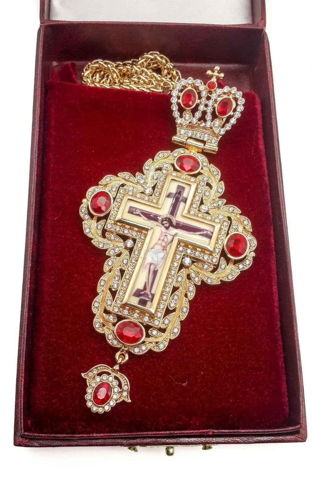 Pectoral Cross Red Zircons Crystallized Christian Priest Bishop Crucifix 5.9"