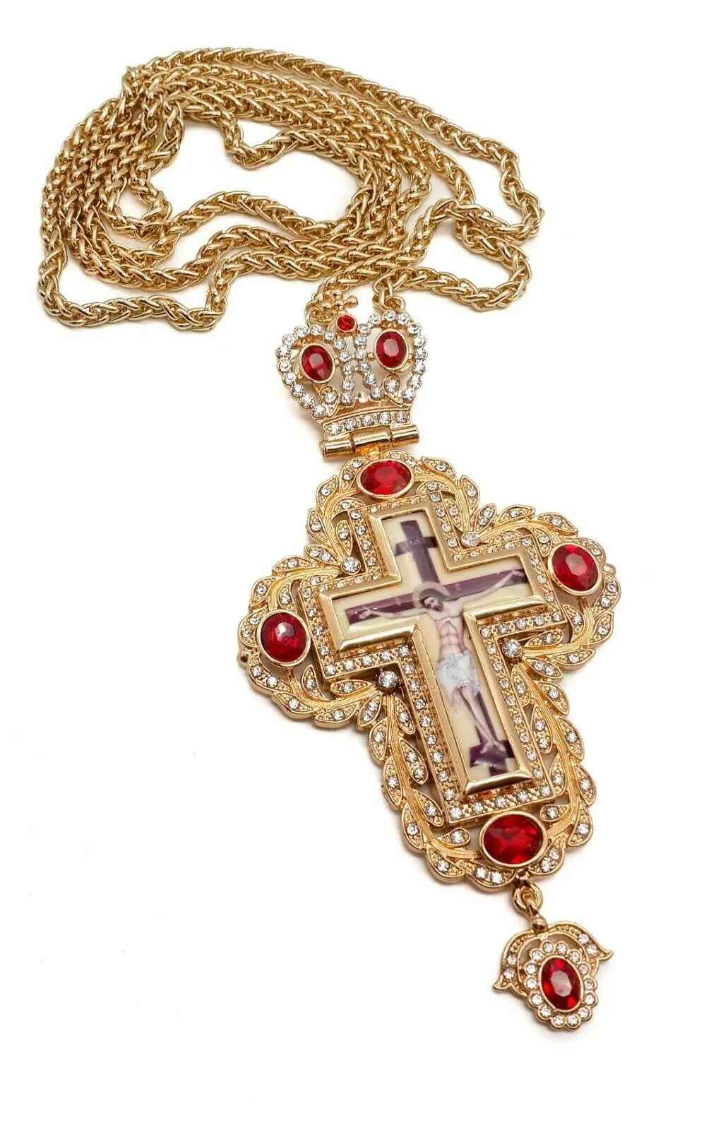 Pectoral Cross Red Zircons Crystallized Christian Priest Bishop Crucifix 5.9"