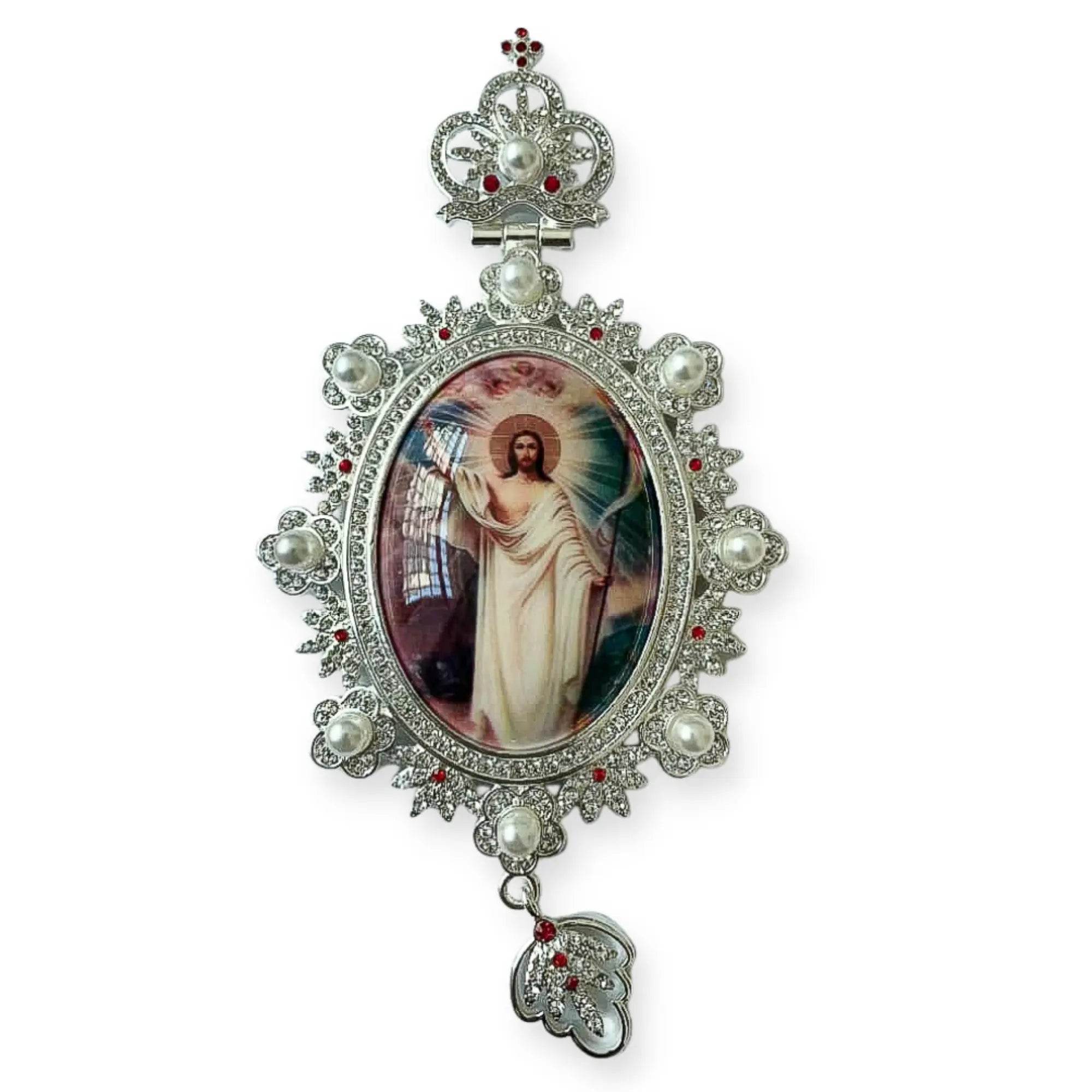 Pectoral Cross Silver Pendant White Pearl Crystallized Beads - Nazareth Store