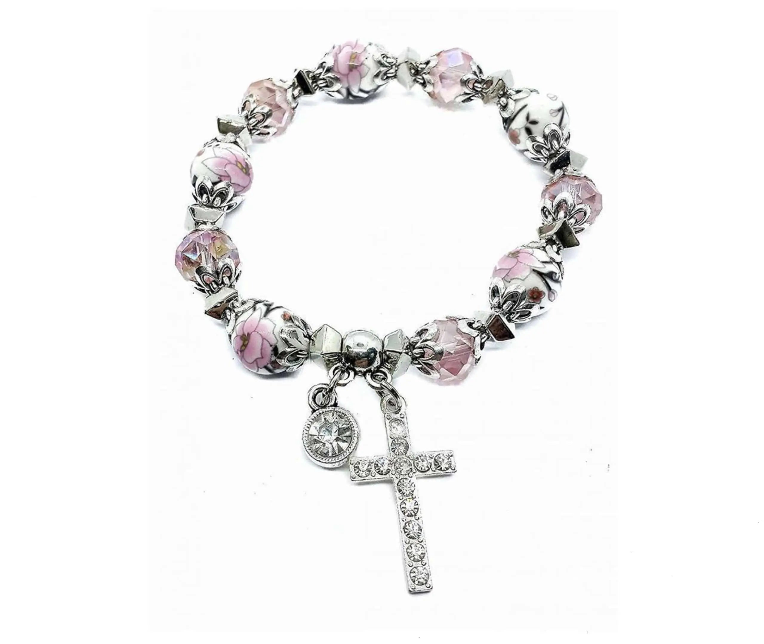 Pink Crystals Beads Cross Bracelet Christian Classic