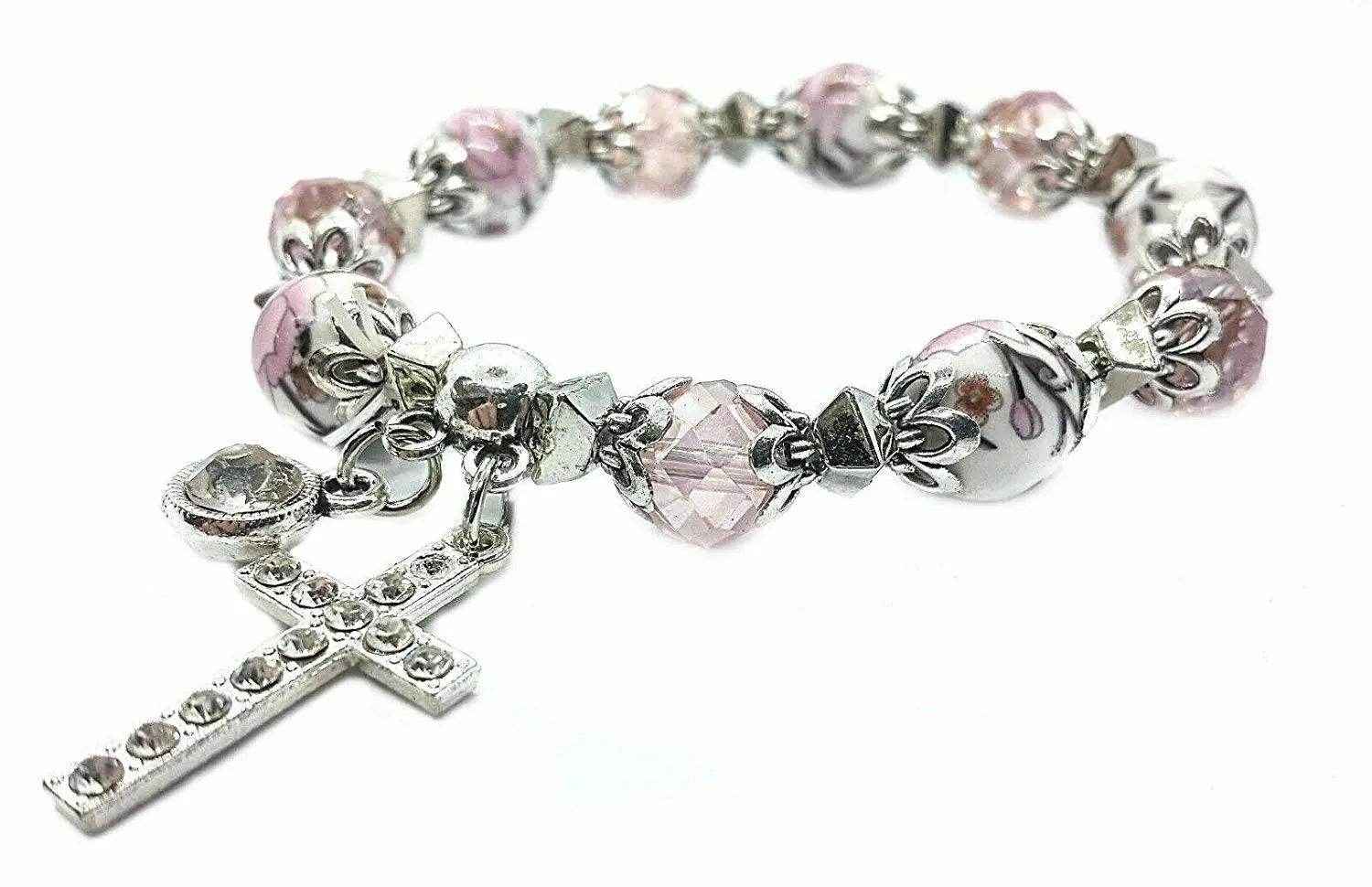 Pink Crystals Rosary Beads Bracelet Christian Classic Beaded Bangle with Cross - Nazareth Store