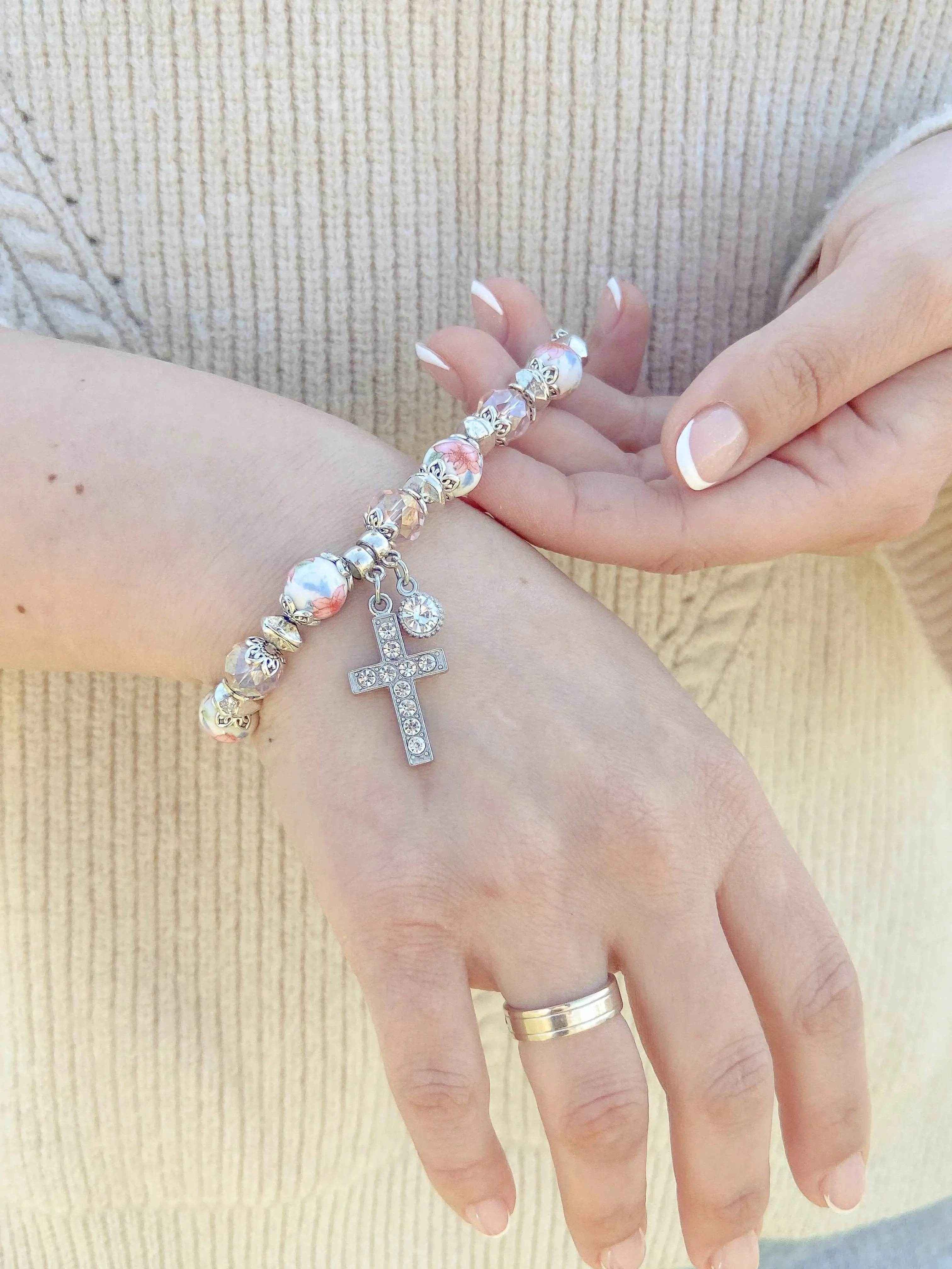 Pink Crystals Rosary Beads Bracelet Christian Classic Beaded Bangle with Cross - Nazareth Store