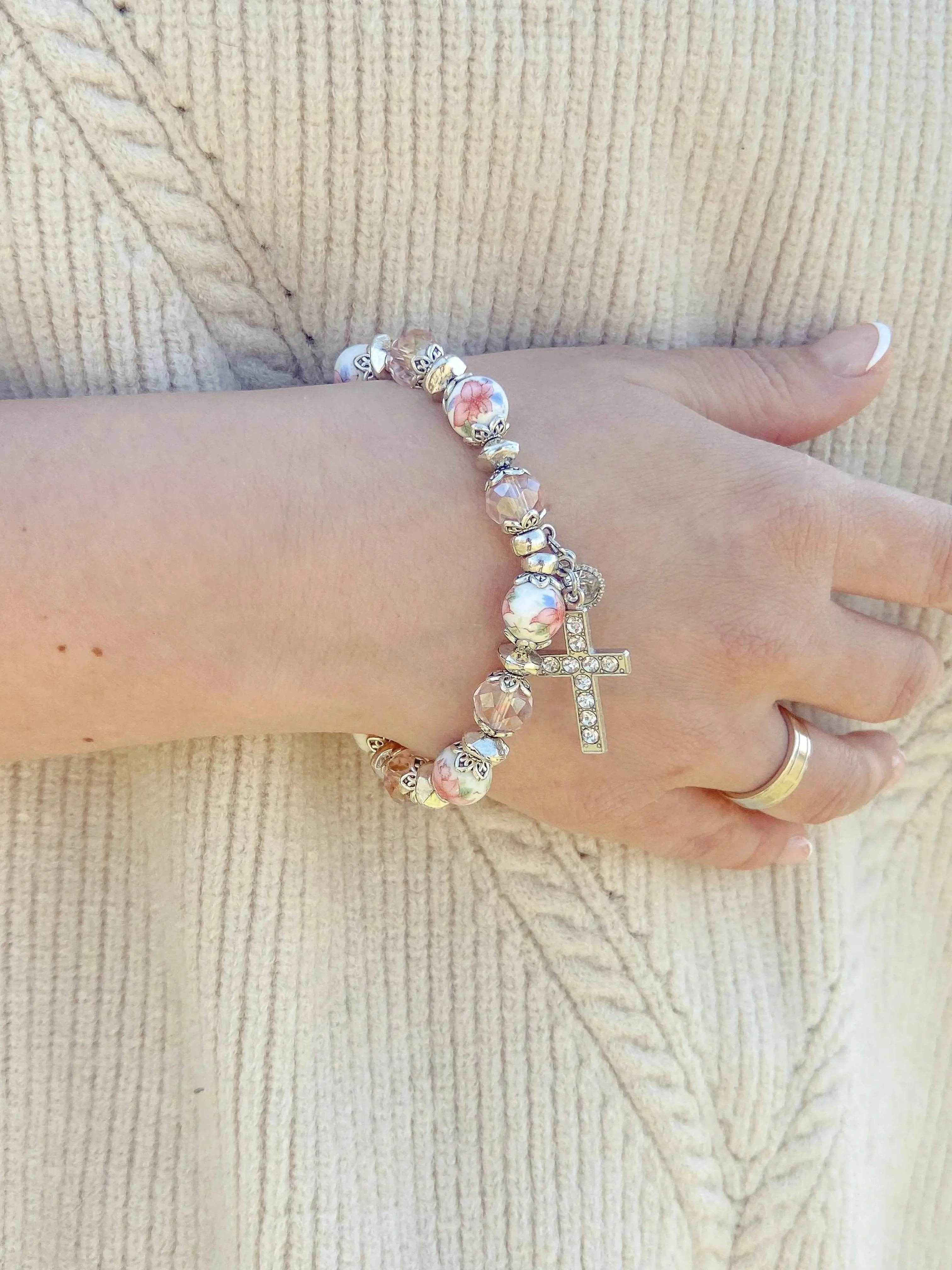 Pink Crystals Rosary Beads Bracelet Christian Classic Beaded Bangle with Cross - Nazareth Store