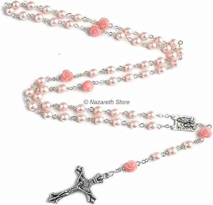 Pink Pearl Beads Rosary Necklace Our Rose Lourdes Medal - Velvet Bag