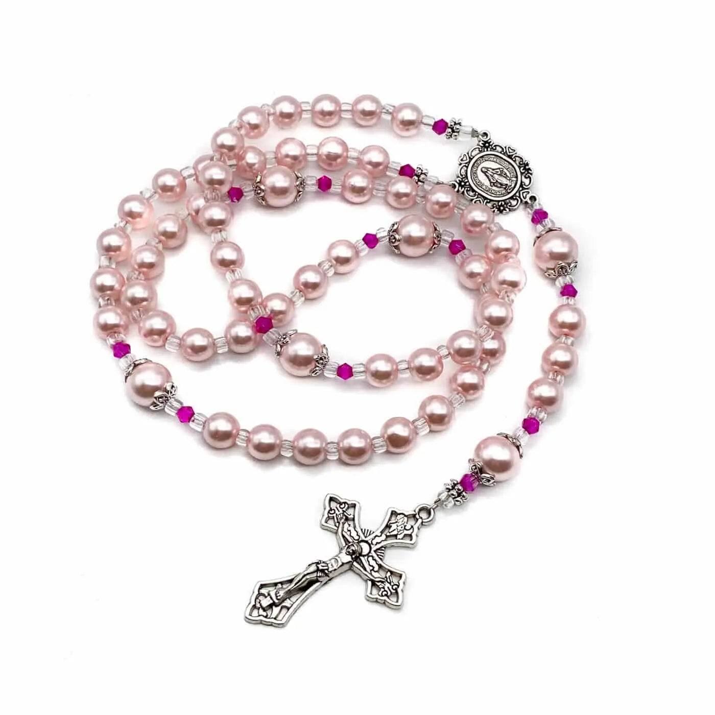 Catholic Pink Pearl Beads Rosary Necklace with Miraculous Medal & Cross Crucifix - Nazareth Store