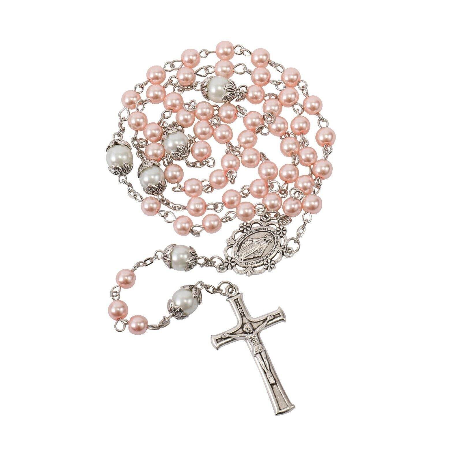 Pink Pearl Rosary Necklace with Miraculous Medal & Crucifix White Mystery Prayer Beads - Nazareth Store