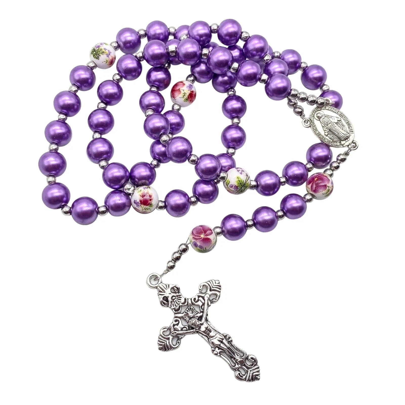 Purple Pearl Beads Rosary Flowers 20" Beaded Necklace Miraculous Medal & Cross