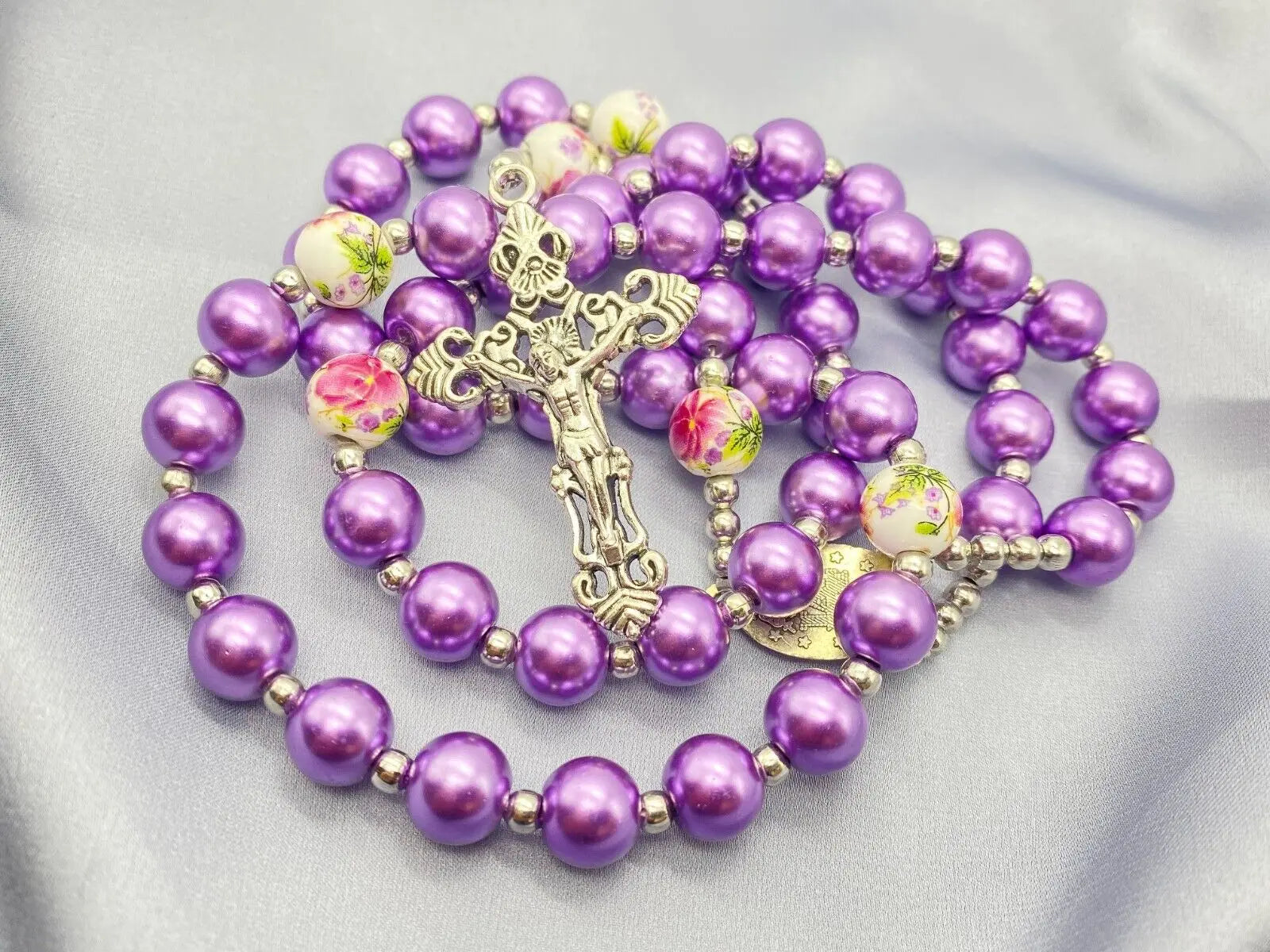 Purple Pearl Beads Rosary Flowers 20" Beaded Necklace Miraculous Medal & Cross